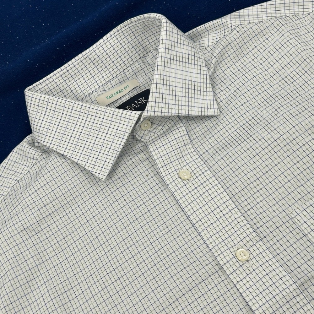 Jos. A. Bank Dress Shirt Mens 15.5 32/33 White Blue Grid Tailored Fit NEW